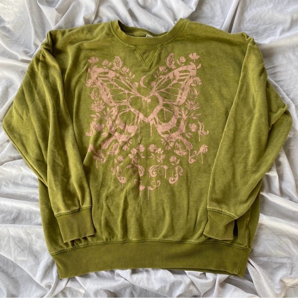 No Boundaries Olive Green Crewneck with Pink Butterfly Graphic
